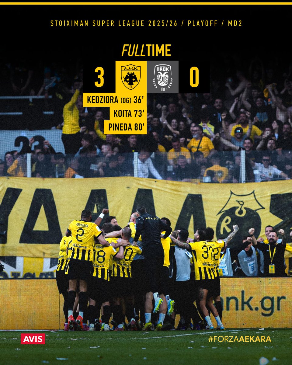 Λήξη του αγώνα: ΑΕΚ – ΠΑΟΚ 3-0
#AEKFC #slgr