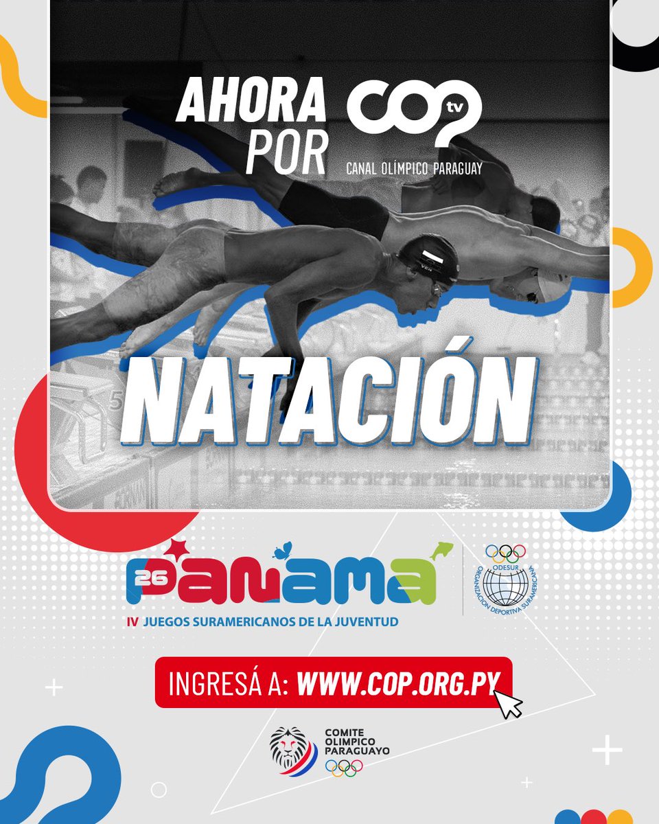 coparaguay's tweet image. 🤩 IV Juegos Suramericanos de la Juventud Panamá 🇵🇦 2026

✅ #Natación 🏊🏻‍♂️

🚨 EN VIVO por la web del Comité Olímpico Paraguayo: cop.org.py 

#ParaguayPuede #VamosParaguay