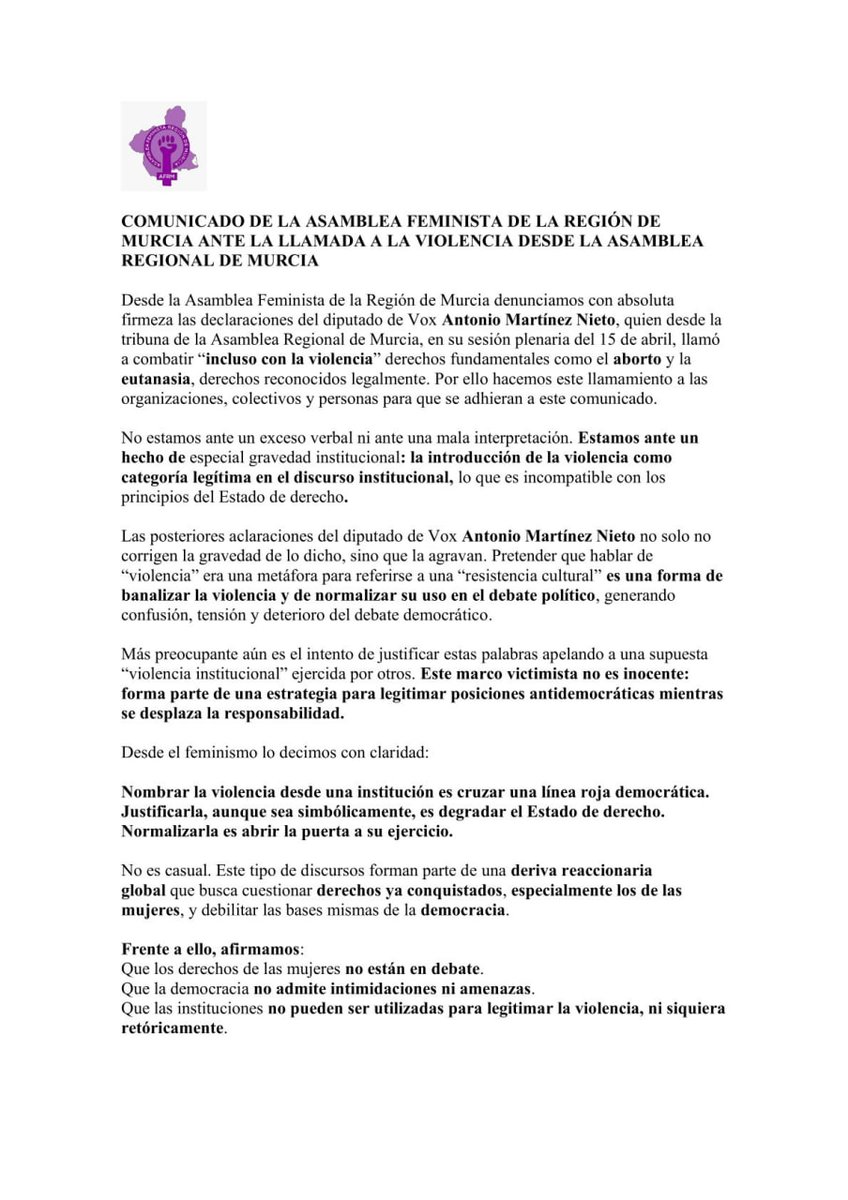 FeministasRM's tweet photo. 🚨‼️ Si quieres adherirte pulsa aquí 👇🏽
https://t.co/KKTah9y1X0

Ante la llamada a combatir "incluso con #Violencia" #DerechosFundamentales como el #Aborto y la #Eutanasia, por parte del diputado de Vox en la Asamblea Regional. ¡Súmate para defender nuestros derechos! https://t.co/bE4gdDEtOE