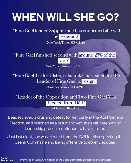 🚶When will she go?

🗣️2 weeks ago, Beau resigned as Fine Gael leader and she's still here even after receiving calls from her own TD's to do so.

🚪Just yesterday, she was ejected from the Dáil!

💜It's clear who the party of governance is, and it's the Social Democrats.