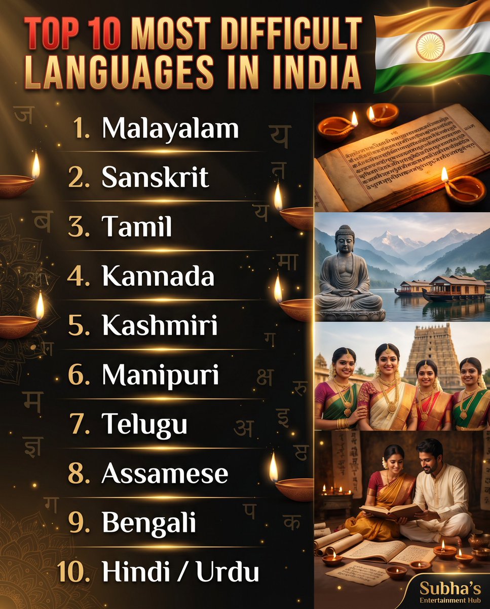 SubhaHub's tweet image. Top 10 Most Difficult Languages in India
Which one do you find the toughest? Comment below 👇

#IndianLanguages #malayalam #sanskrit #tamil #bharat