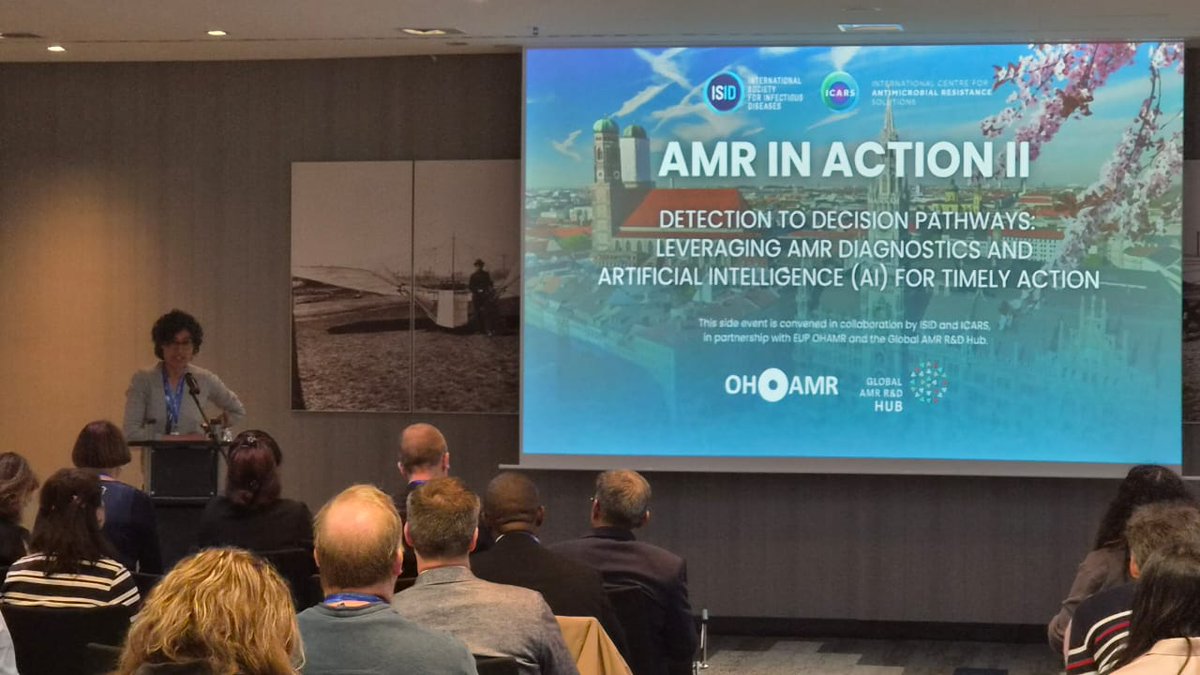 ISID_org's tweet photo. Happening now – AMR in Action II at #ESCMIDGlobal2026! 

We are excited for a packed room filled with conversations on advancing antimicrobial resistance efforts across diagnostics, policy, and implementation.

💡Key point: Together we fight AMR.

#AMRinActionII #OneHealth #ISID https://t.co/RXnjPr2VwT