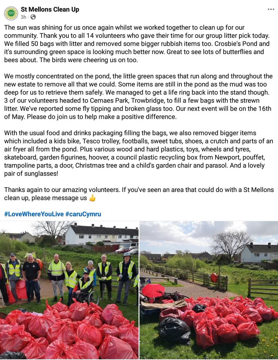 StMellonsClean's tweet image. A beautiful morning in Trowbridge. Members of the community worked together to clean up where we live. Thank you to all 14 volunteers for their efforts, we filled 50 bags with litter and rubbish. #LoveWhereYouLive #cleanup 
St Mellons Cardiff