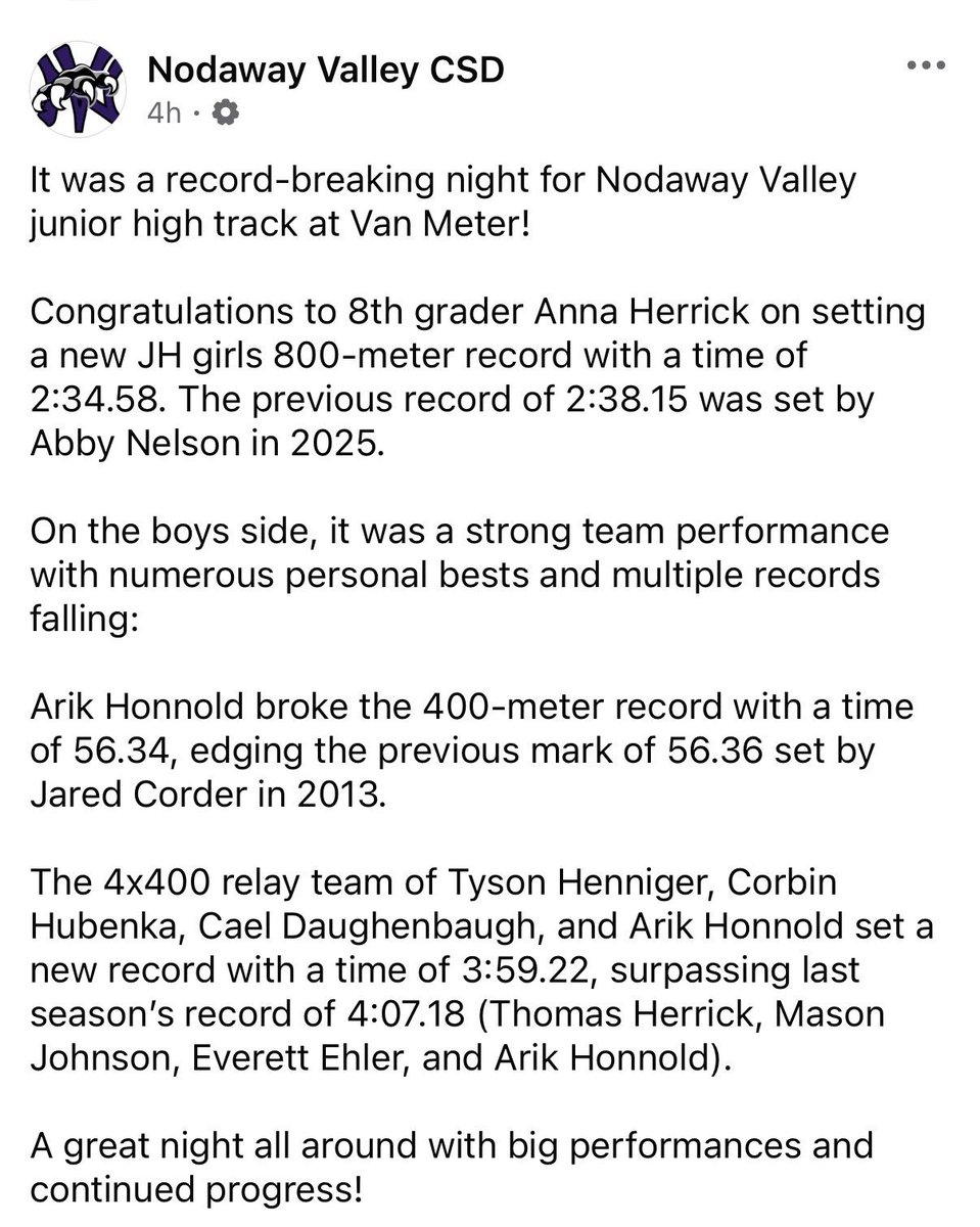 GoatCr72984's tweet image. 4x4 Nodaway valley Middle school record 3:59.22 #track #4x4 #record #viral #GodNeverFails