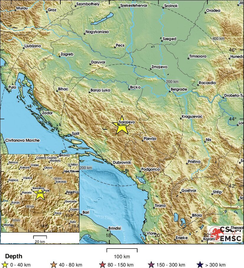 LastQuake's tweet image. 🔔#Earthquake (#zemljotres) M3.0 occurred 14 km SE of #Sarajevo (Bosnia &amp;amp; Herzegovina) 3 min ago (local time 18:53:05). More info at:
📱m.emsc.eu/#app
🌐m.emsc.eu/?id=1981406
🖥emsc-csem.org/Earthquake_inf…