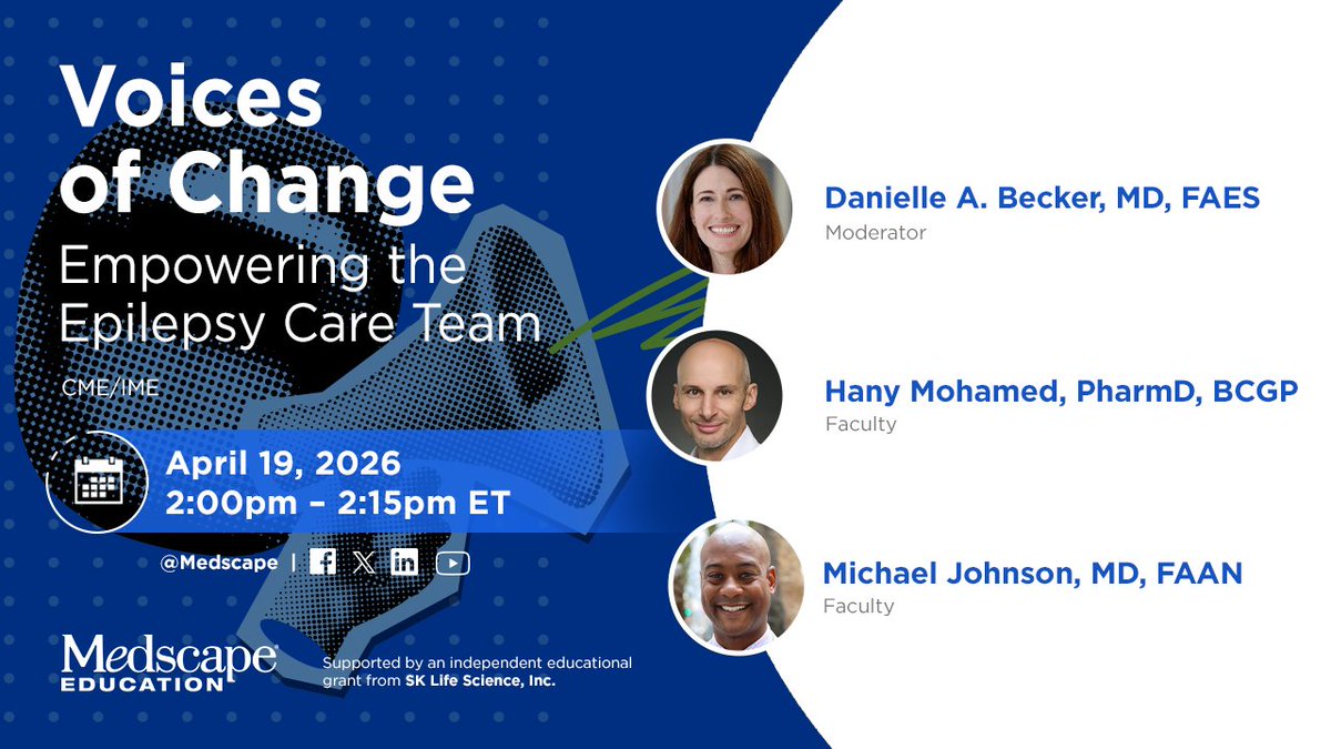 Medscape's tweet image. Starting in 1 HOUR ➡️ youtube.com/watch?v=m6zlba… 

Is your care team empowered to identify drug-resistant epilepsy early? Join Dr. Becker, Dr. Johnson, and Hany Mohamed, PharmD, for a live discussion on optimizing coordination and patient outcomes. 

#Epilepsy #CME #Neurology