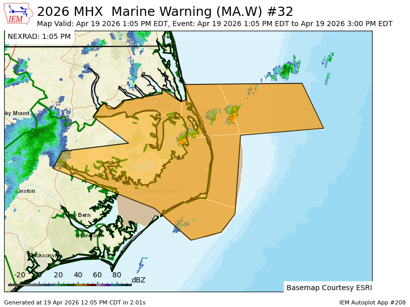 MHX issues Marine Warning [wind: 40 KTS, hail: 0.00 IN] for 9 forecast zones in [AM] till Apr 19, 3:00 PM EDT mesonet.agron.iastate.edu/vtec/f/2026-O-…