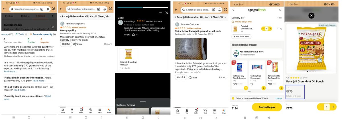 HKcharting's tweet image. ⚠️ EXPOSING QUANTITY #FRAUD @AmazonHelp @amazonIN⚠️

Ordered 37 units of 1L Patanjali Oil, received 750g. Total mismatch!🛑

Amazon CS failed to solve, filed case with ⚖️ NCH Docket: 9144111

Stop misleading Indian customers!❌
(Order IDs in thread👇)
@jagograhakjago @PiyushGoyal