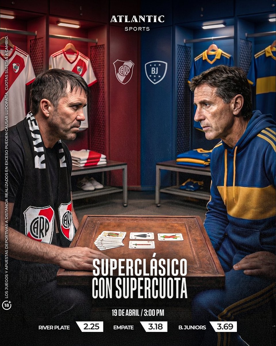 AtlanticCity_Of's tweet photo. ¡𝗦𝗘 𝗣𝗔𝗥𝗔𝗟𝗜𝗭𝗔 𝗔𝗥𝗚𝗘𝗡𝗧𝗜𝗡𝗔! 

River Plate y Boca Juniors se enfrentan en una nueva edición del Superclásico, uno de los partidos más apasionante del mundo que hoy promete emociones de principio a fin.

Aprovecha la Supercuota Atlantic, dale emoción a este partidazo y asegura tu domingo a lo grande.