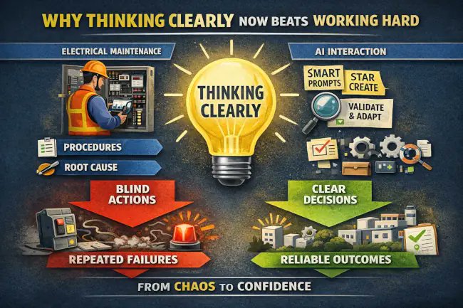 Simpleways_M's tweet photo. Clear requests, validated answers, and grounded decisions define success today. Thinking Clearly helps maintenance professionals whether using AI or not to effectively ensure that every action leads to safe and reliable outcomes, you can delve deeper here:
https://t.co/5xJmu6u3Zw https://t.co/JVVwXliqwc