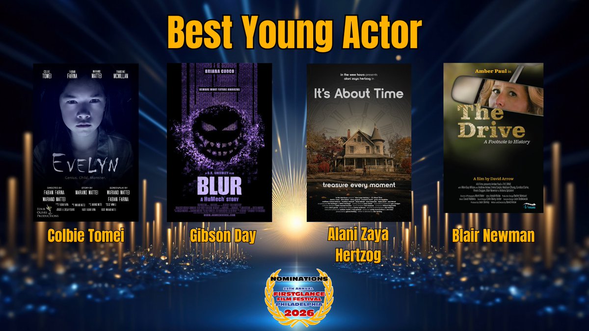 FirstGlanceFilm's tweet image. Congrats to the nominees
Best Young Actor 
29th @FirstGlanceFilm #FilmFest Philadelphia
Evelyn- Colbie Tomei
Blur: A HuMech Story- Gibson Day
It's About Time- Alani Zaya Hertzog
The Drive- Blair Newman
Winners announced on May 10th
#SupportIndieFilm #Filmmaking #awardsseason