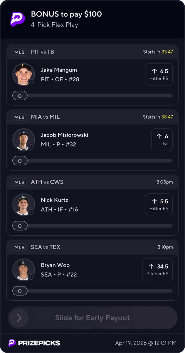 27palm27's tweet image. Sunday Scaries PrizePicks MLB⚾️💣

Jake Mangum OVER 6.5 Hitter FS
Jacob Misiorowski OVER 6 Ks
Nick Kurtz OVER 5.5 Hitter FS
Bryan Woo OVER 34.5 Pitcher FS

Writeups soon✍️✍️
Let’s ROLL🎲🎲🎲 BOL
#prizepicks #prizepicksmlb #parlay #mlbprops