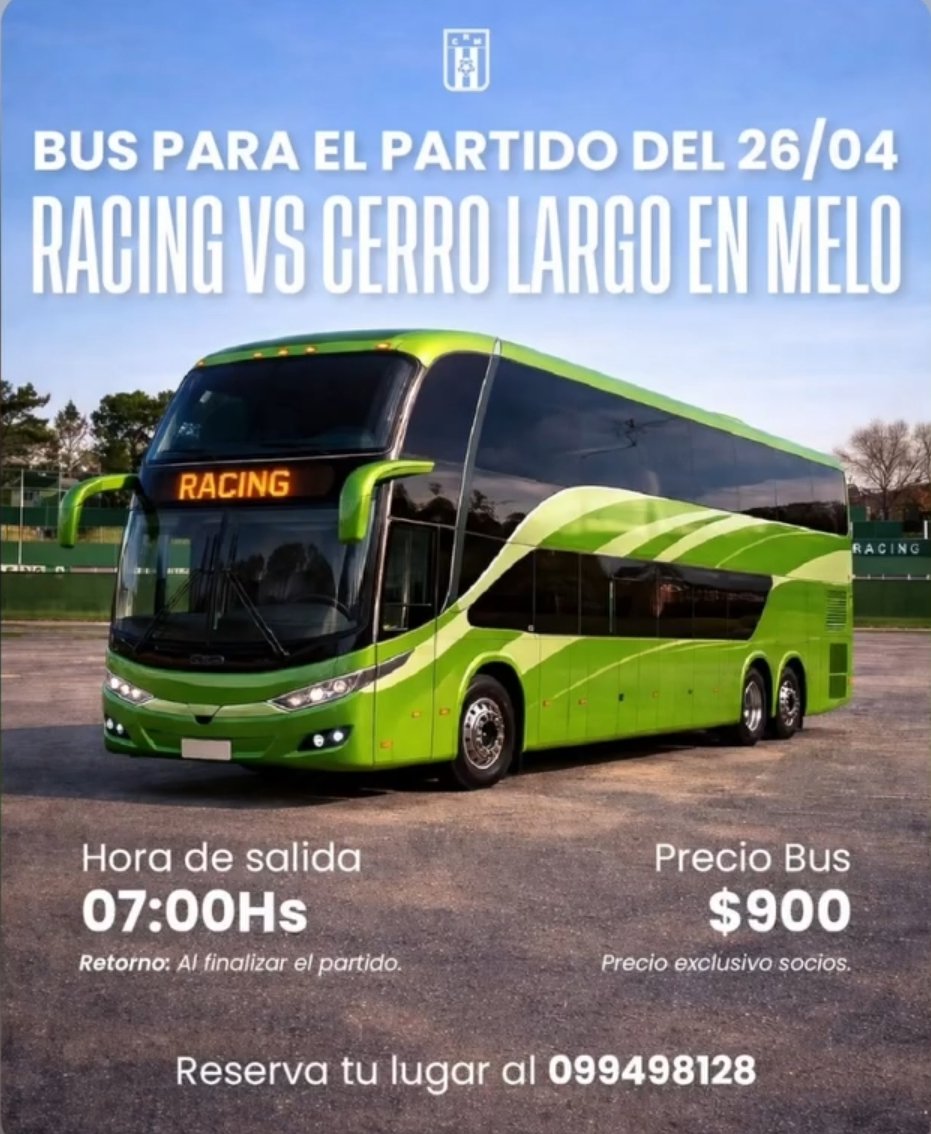 Nos vamos a Melo !!
Bus para el partido del 26/04 
Racing 🇳🇬 vs Cerro Largo en Melo
Hora de salida 07:00 
Precios Bus $900 - EXCLUSIVO SOCIOS. No incluye entrada
Retorno inmediatamente al finalizar el encuentro
Reserva tu lugar acá: wa.link/w8i8x6
#HacemosEscuela