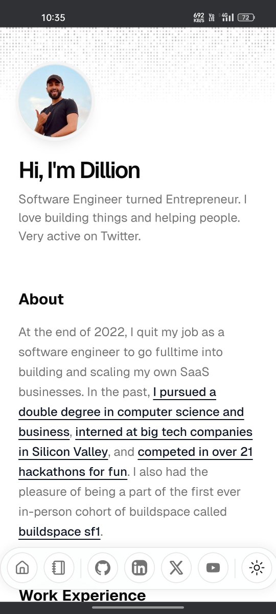 MayankDotTxT's tweet photo. No offence to anyone but I'm sick of seeing such portfolio websites bootstrapped straight from magic ui portfolio template

Not saying it's trash but there are shitload of such portfolios out there now and it's a good design but

if you're going for a frontend role and have this kinda portfolio website I'm sorry but yngmi