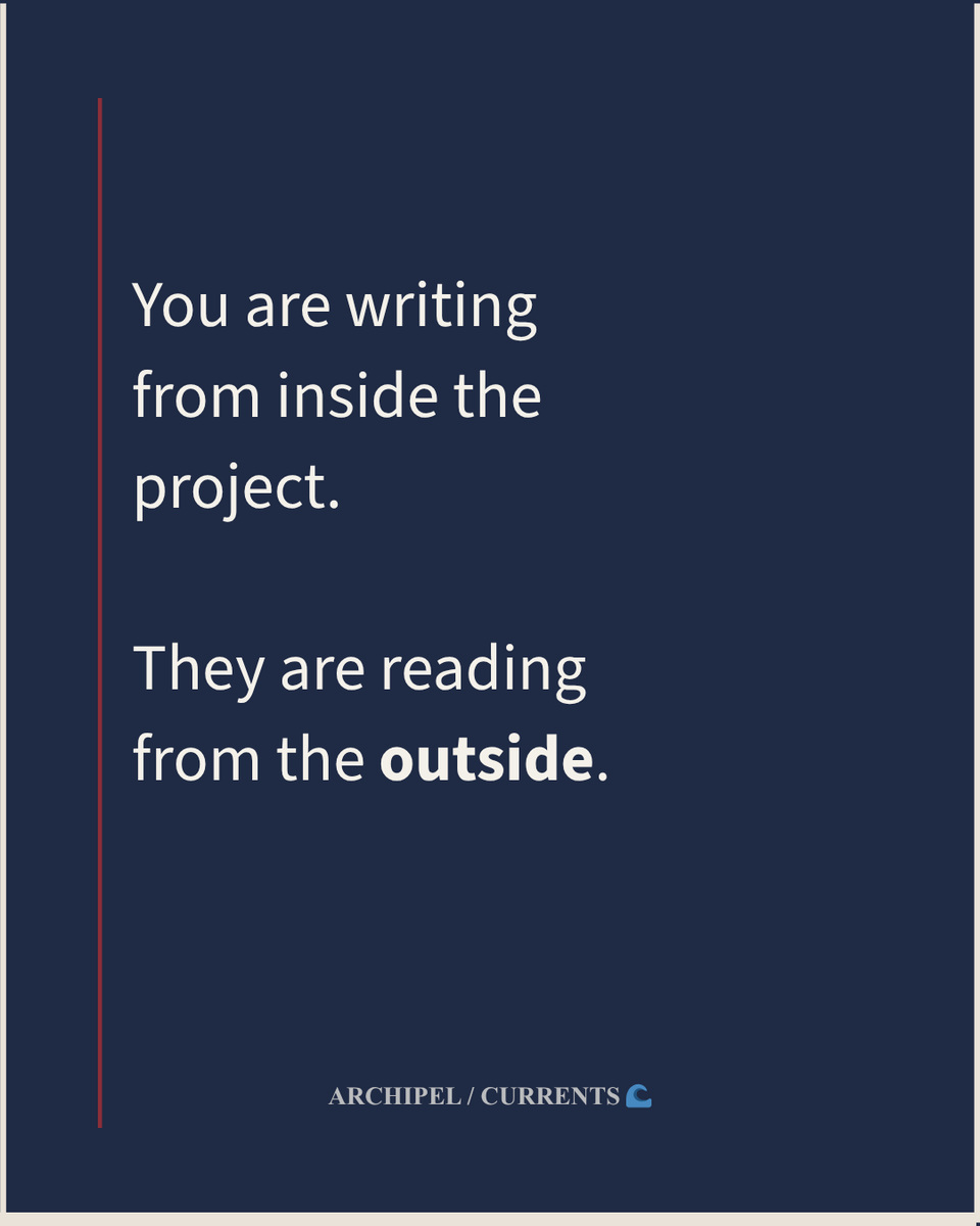 carawaterfall's tweet photo. “Strong work speaks for itself.”

Not always.

Readers meet your project from the outside—
without your context.
That’s where things get lost.

https://t.co/HfgZSj00qm

#Currents #Archipel #AmWriting https://t.co/b09TEXAeBO