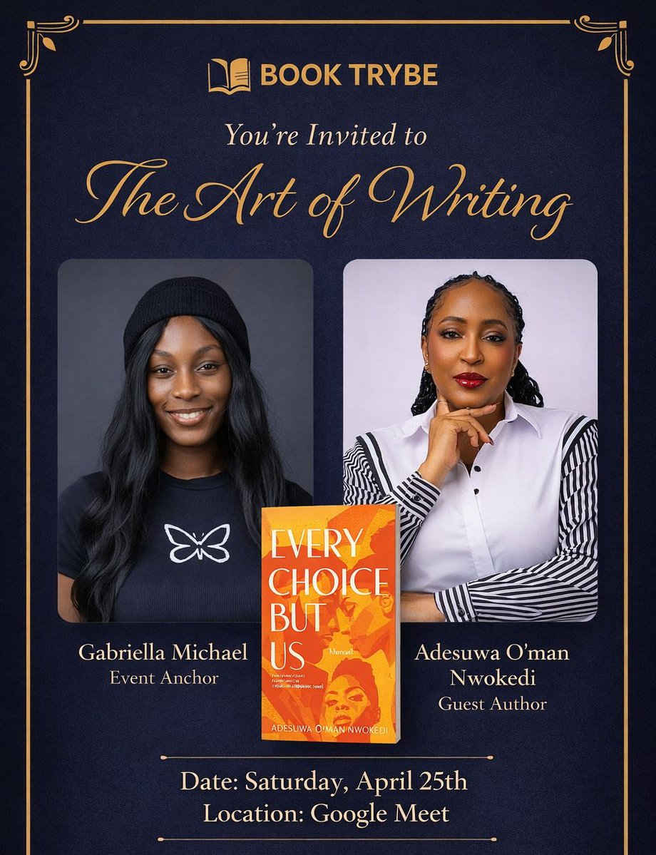 Join us for an unforgettable writing session with Adesuwa O'man Nwokedi.
Saturday April 25th
6 PM WAT
Venue: Google Meet

Link: meet.google.com/szd-seft-obz