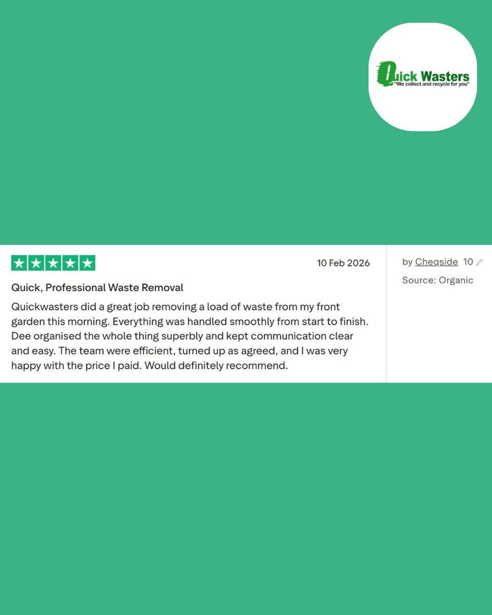 Quickwasters1's tweet image. Another 5⭐ review 🙌✨
We’re proud to keep delivering top-quality service every single day 🚛♻️
Your feedback keeps us going 💪
.
.
.
.
.
#QuickWasters #Trustpilot #5StarReview #CustomerReview #HappyClient #TopService #WasteRemovalExperts #JunkRemovalLondon