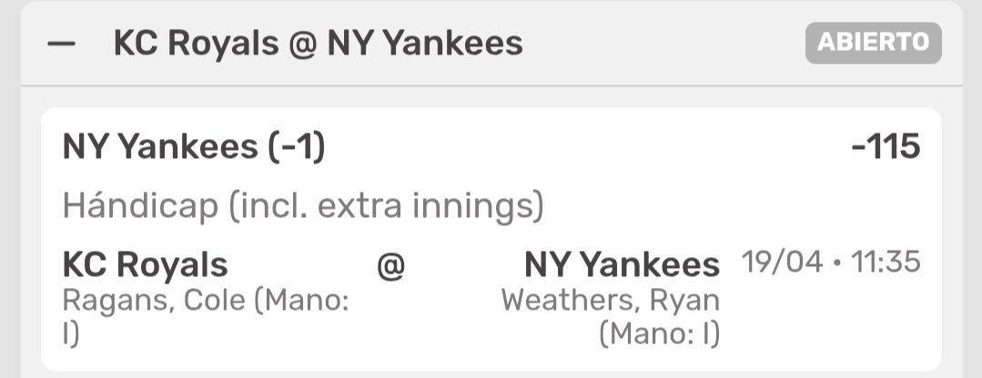 Media_Tipster's tweet photo. | MLB ⚾️ |

¡Familia les dejo el Primer Pick de hoy Vamonos con los Yankees, Hoy barren la serie!🔥

KC Royals @ NY Yankees 

Pick: NY Yankees (-1) Handicap
Cuota: -115. Stake: 3.7U

#RepBX https://t.co/Wr8P3CXSVn