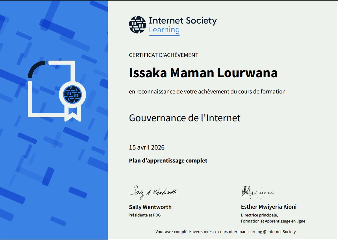 lourwana's tweet photo. Une certification 🎓 de plus, l’impact en ligne de mire.
Après 4 semaines à la WAIGF School, @internetsociety Learning valide mon parcours en gouvernance de l’Internet.
Un début d’engagement pour l’Afrique de l’Ouest & le Niger.
#IGFNiger2026 #IGFWestAfrica #ISOC https://t.co/bbKFTRH1nT