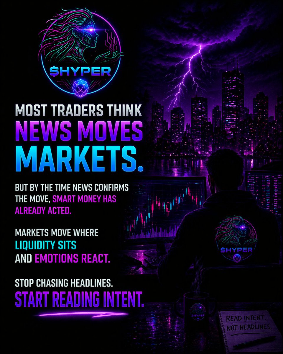 Most traders think news moves markets.

But by the time news confirms the move, smart money has already acted.

Markets move where liquidity sits and emotions react.

Stop chasing headlines.
Start reading intent.

$HYPER 
#Hyperstition 
#Bullrun