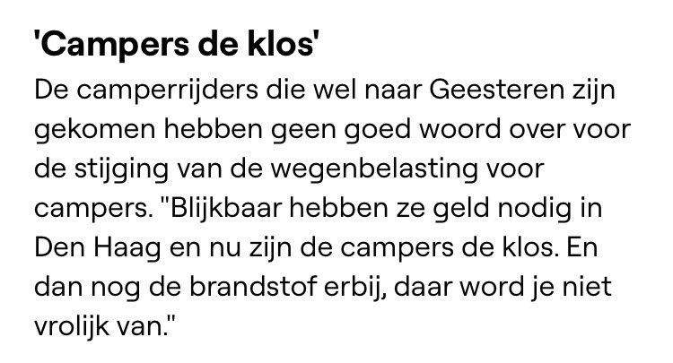 Camperaars altijd wat te zeiken…
Gewoon betalen wat iedere ander kampeerder ook doet

Maar merendeel camper van 50.000 of meer onder de kant en voor de rest niks willen uitgeven

oost.nl/nieuws/3640240…