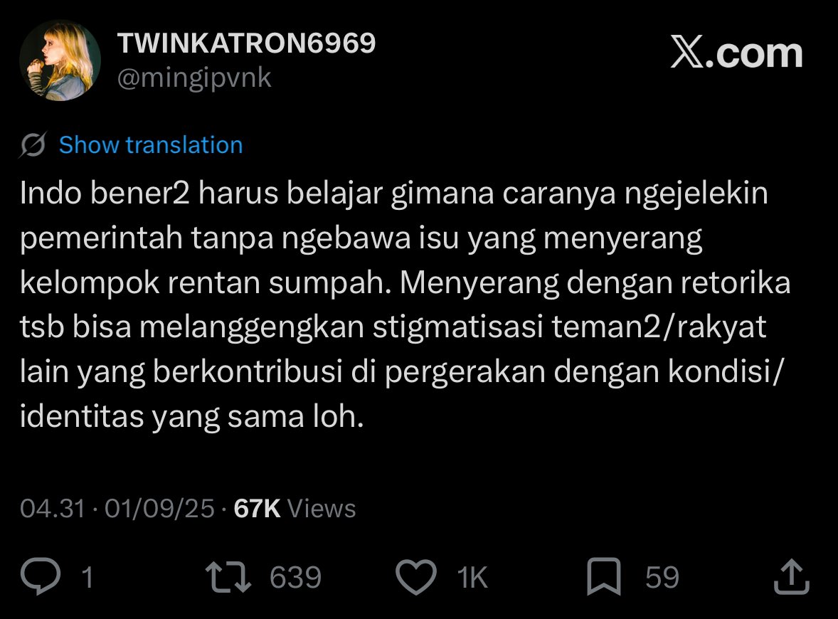 I’ve said this before too lol. Most of the time (if not all), ejekan yang ngebawa ekspresi gender/seksualitas/illness itu gak akan ngaruh langsung ke pemerintah/pemangku kekuasaan dan malah just end up hurting people with the same identity/condition around you.