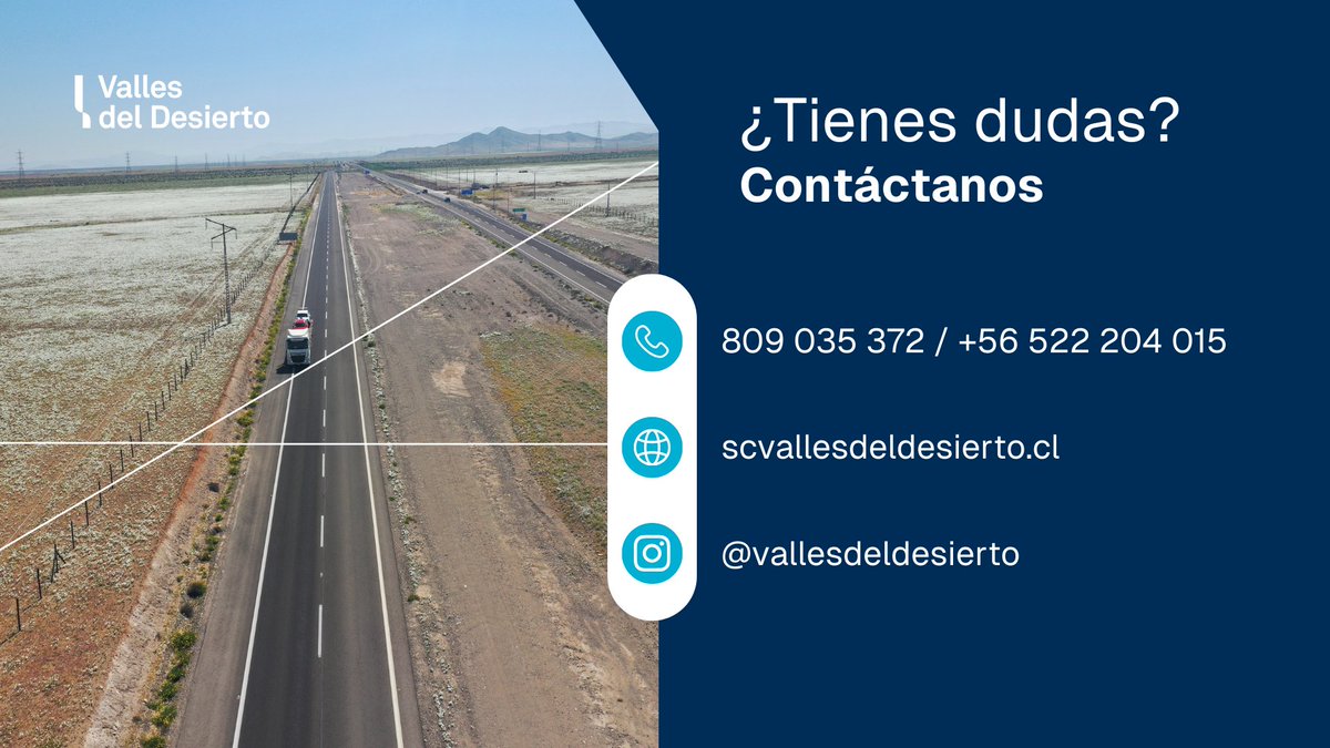 VallesDesierto2's tweet image. #VallesDelDesierto 👉 En caso de panne, emergencias o dudas, puedes contactarnos a través de ☎️ 809 035 372, 📲 +56 5 2220 4015, o usar nuestros postes #SOS disponibles. Si necesitas bajar del vehículo, ten precaución y usa tu chaleco reflectante. #Ruta5 #Caldera @CarabIIIRegion