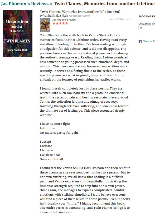 VanitaHork's tweet image. #NEWRELEASE❣️

#TwinFlames, the final volume in the series, is out!

Time-limited #offer on ALL #Amazon markets and for #99c on Amazon.com - buy NOW ❤️

#Free on #KU 📚

US: a.co/d/08VVC0eW
UK: amzn.eu/d/058tZDbs

#poetry #BookReview

@JasPhoenix_Rise 🙏