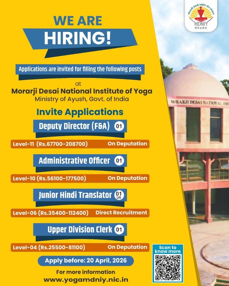 mdniy's tweet image. Applications are invited from Indian Citizen for filling up of the following posts on direct requirement/ deputation basis. 

For more details, please click on link:  yogamdniy.nic.in/files/news/new… 

#JobAlert #GovernmentJobs  #VacancyAnnouncement  
#JoinOurTeam #ApplyNow