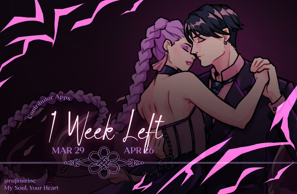 rujinuzine's tweet photo. 💜CONTRIBUTOR APPLICATIONS🖤

There is only ONE WEEK LEFT to apply to be a contributor for My Soul, Your Heart: A RuJinu Zine! Don't miss your chance!
#rujinu #kpdh https://t.co/JwFbFaL8Vo
