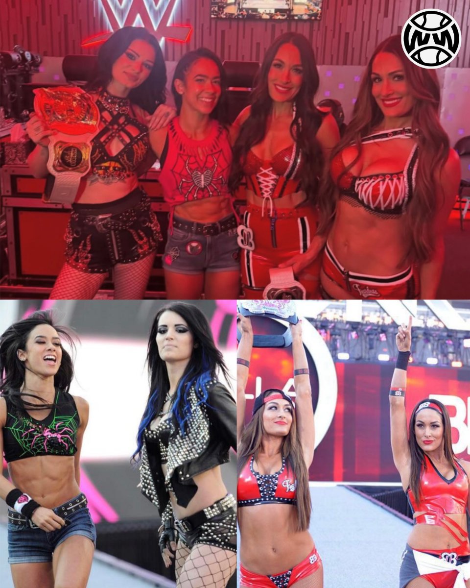 WrestlingWCC's tweet image. The Bella Twins, AJ Lee, and Paige at Wrestlemania 11 years apart 🎯

2015 and 2026