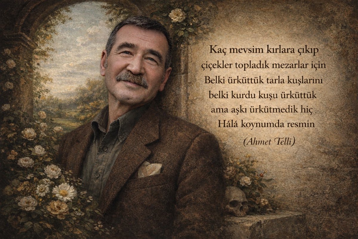Kaç mevsim kırlara çıkıp çiçekler topladık mezarlar için Belki ürküttük tarla kuşlarını belki kurdu kuşu ürküttük ama aşkı ürkütmedik hiç Hâlâ koynumda resmin

Ahmet Telli*

(*Şairimize acil şifalar diliyor; sevgilerimi, saygılarımı sunuyorum)

#AhmetTelli
