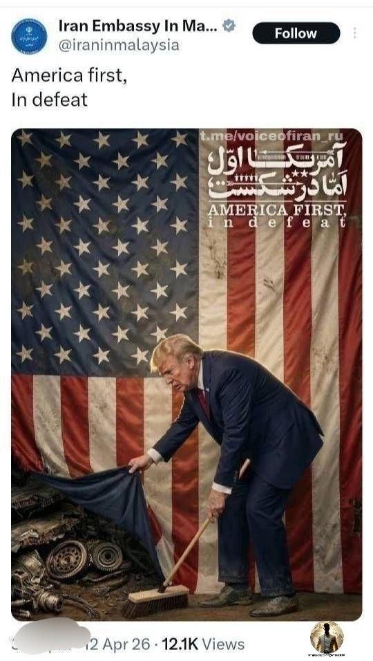 LadyAfro17's tweet photo. 19 aprile 2026, Iran - USA 

AMBASCIATA IRANIANA IN MALESIA:

«America First», ma sconfitta

#19aprile #Iran #USA 
#Medioriente #Malesia
#Trump #EurasiaNews 

https://t.co/oVq8eGmc42 https://t.co/PHE2n2tLfa