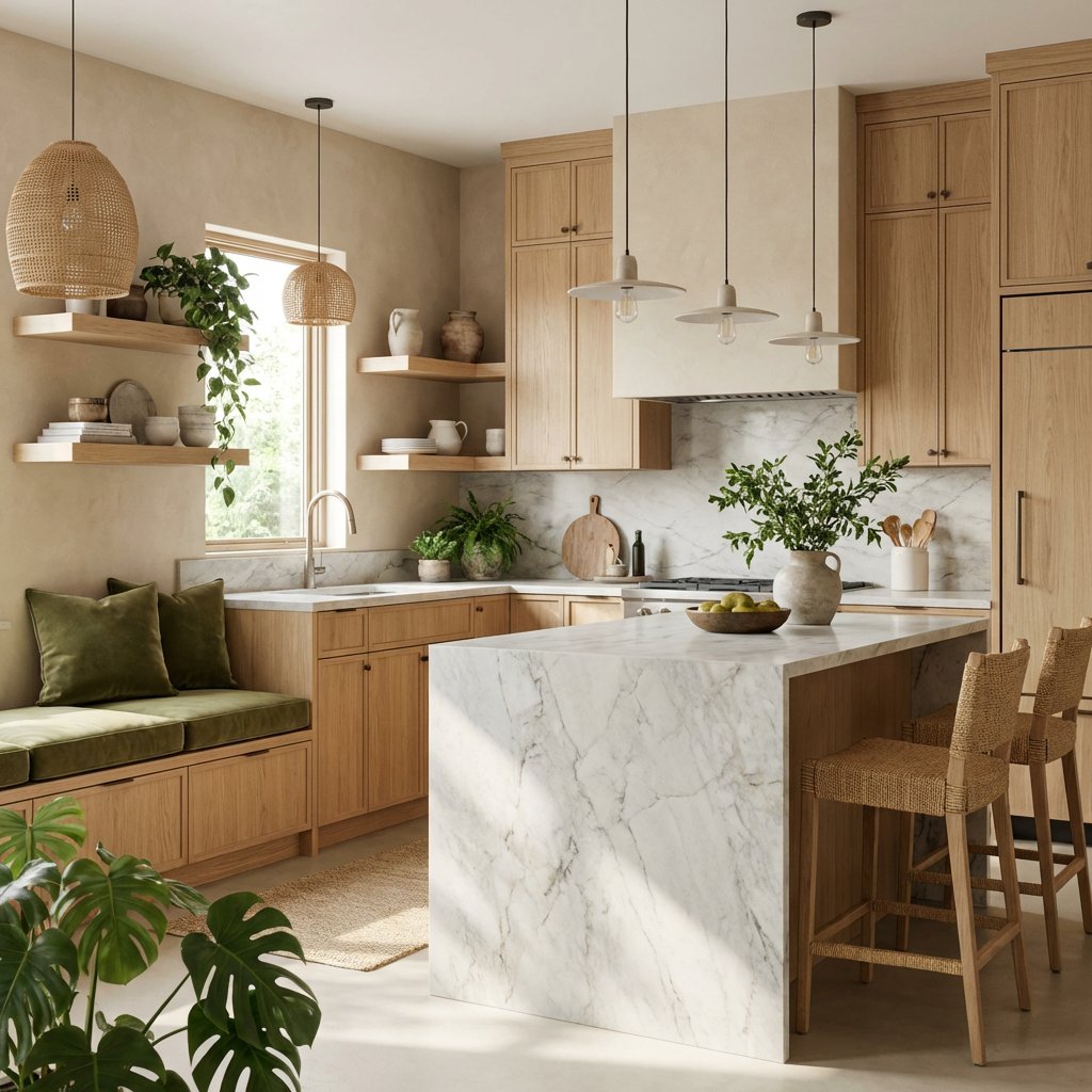 homedesignsai's tweet image. Warm, sunlit kitchen ✨ Oak + marble + soft greens = effortless calm.
Style tip: mix textures (wood, stone, woven) not colors. Repeat olive tones + add greenery 🌿 #KitchenDesign #WarmMinimalism #InteriorInspo #HomeStyling #NeutralAesthetic