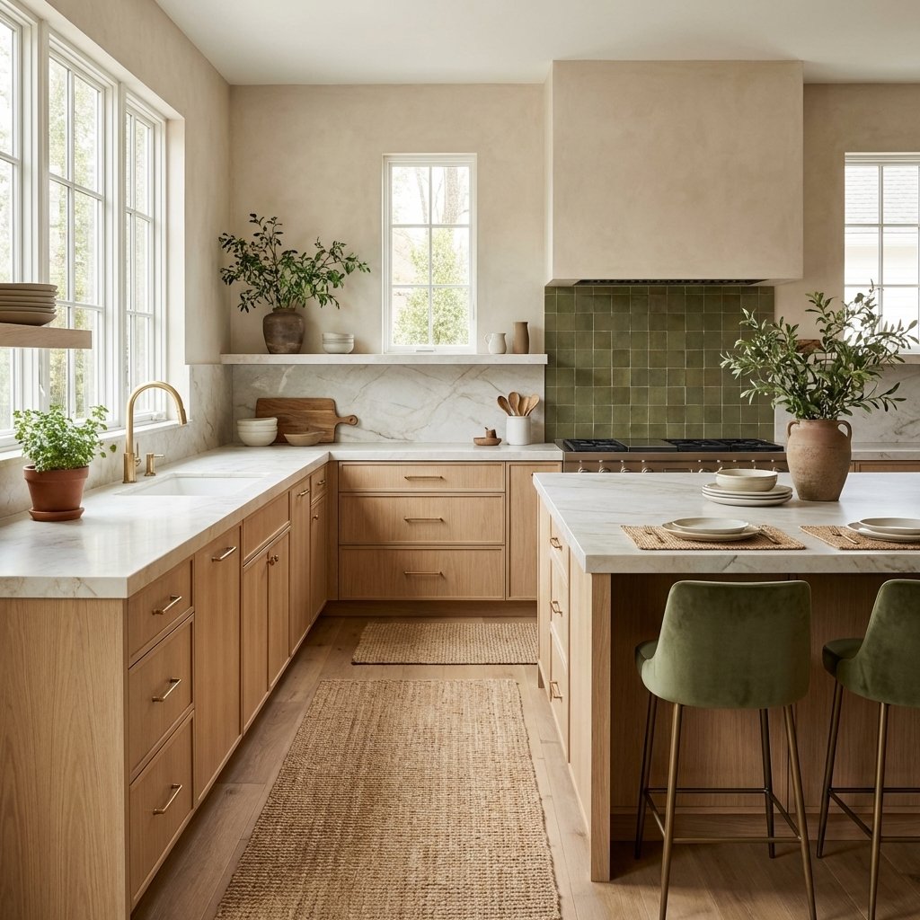 homedesignsai's tweet image. Warm, sunlit kitchen ✨ Oak + marble + soft greens = effortless calm.
Style tip: mix textures (wood, stone, woven) not colors. Repeat olive tones + add greenery 🌿 #KitchenDesign #WarmMinimalism #InteriorInspo #HomeStyling #NeutralAesthetic