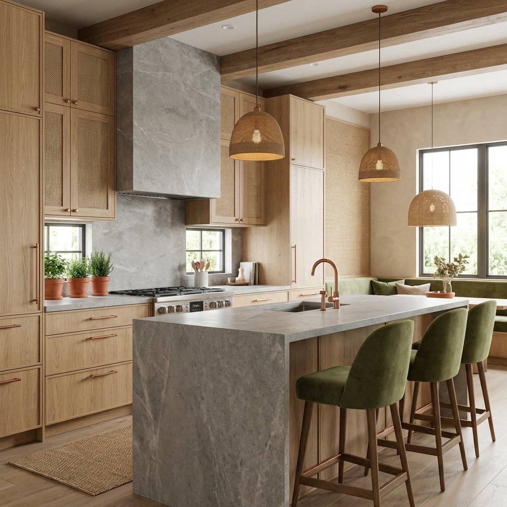 homedesignsai's tweet image. Warm, sunlit kitchen ✨ Oak + marble + soft greens = effortless calm.
Style tip: mix textures (wood, stone, woven) not colors. Repeat olive tones + add greenery 🌿 #KitchenDesign #WarmMinimalism #InteriorInspo #HomeStyling #NeutralAesthetic