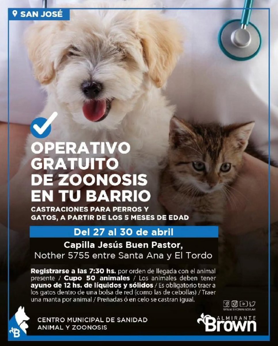 TrenClaypole's tweet photo. 🐕 Operativo de Zoonosis Brown
en San José 🐈 del 20 al 24/04.

🍀 Soc Fom Martín Arín.
⚓ Bynnon &amp; San Juan.

📌Con ayuno de 12hs.
📌A partir de 6meses de edad
📌Cupo 50 turnos.
🐱Gatos en bolsa de red
🐶Perros con correa.
💡Traer una manta.

🚄 Tren Roca #TrenRoca #BrownConVos https://t.co/bnijTI9SdX