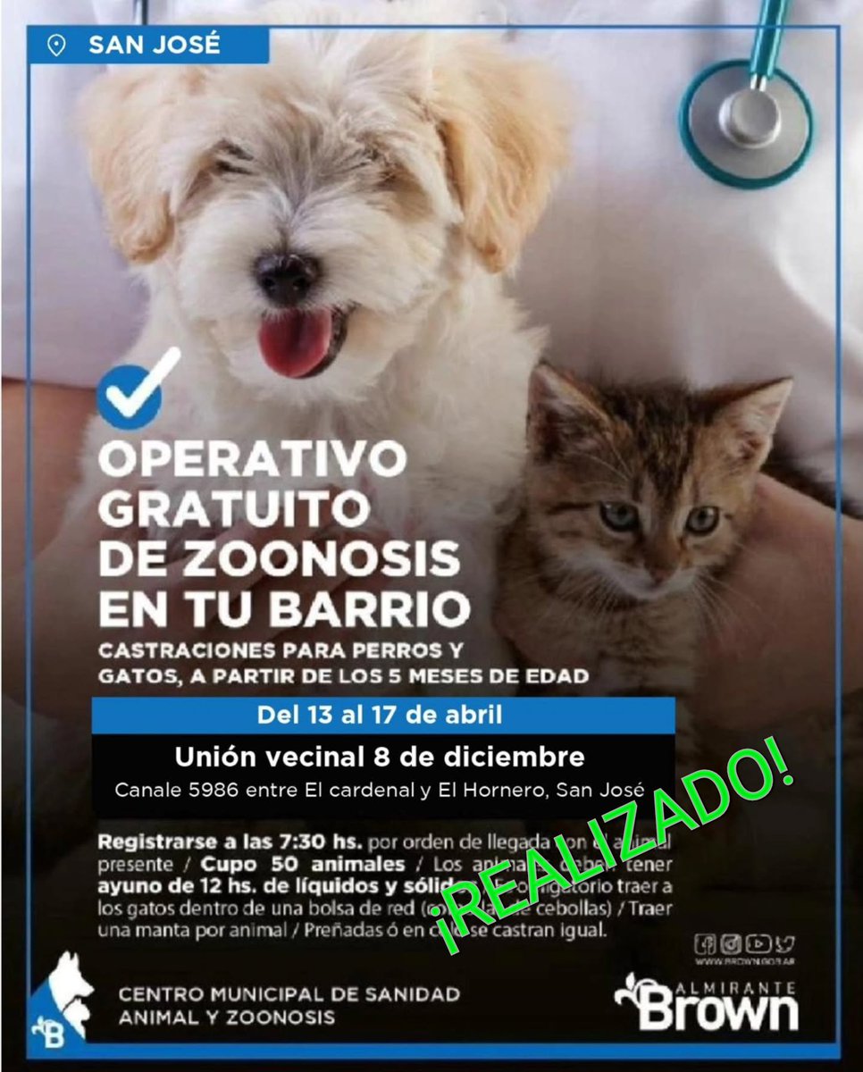 TrenClaypole's tweet photo. 🐕 Operativo de Zoonosis Brown
en San José 🐈 del 20 al 24/04.

🍀 Soc Fom Martín Arín.
⚓ Bynnon &amp; San Juan.

📌Con ayuno de 12hs.
📌A partir de 6meses de edad
📌Cupo 50 turnos.
🐱Gatos en bolsa de red
🐶Perros con correa.
💡Traer una manta.

🚄 Tren Roca #TrenRoca #BrownConVos https://t.co/bnijTI9SdX