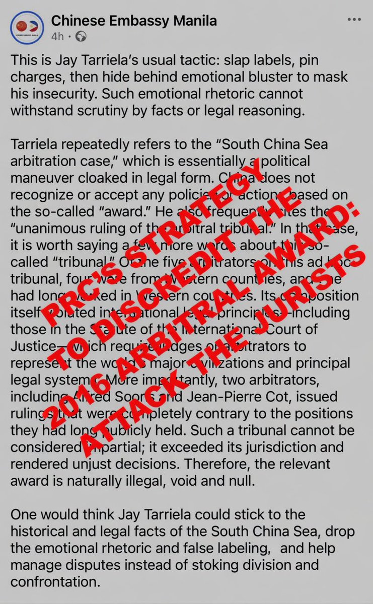 Thank you for yet another personal attack instead of engaging with facts and international law. Your statement recycles the same tired script: label, deflect, and lie. 

The 2016 Arbitral Award is not a “political maneuver.” It is a final and binding decision of a tribunal