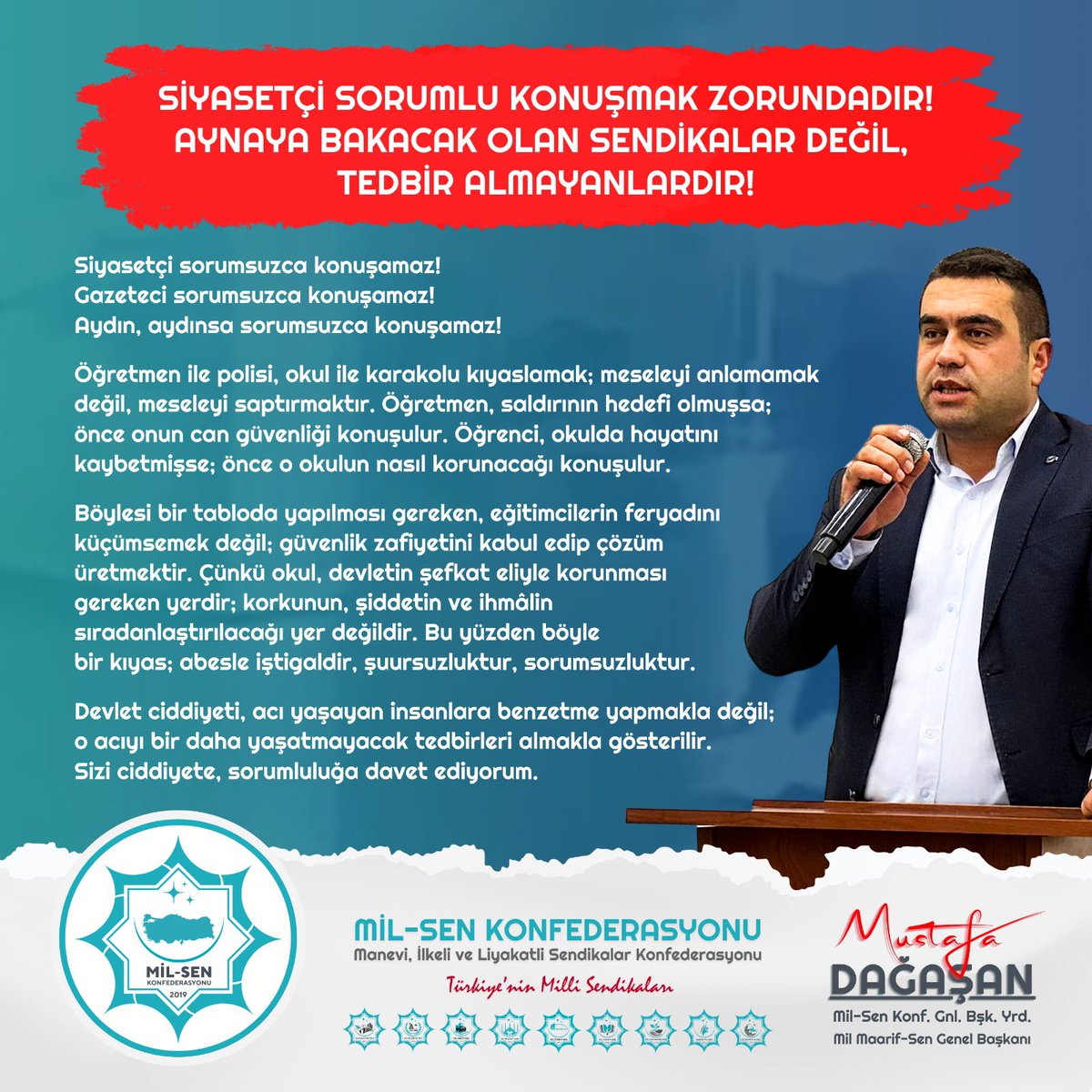 Genel Başkanımız Mustafa Dağaşan: “Aynaya bakacak olan sendikalar değil, tedbir almayanlardır! Siyasetçi sorumsuzca konuşamaz!”

#MaarifSen #MilSen 

x.com/msmdgsn/status…

<a href="/zafersahin06/">Zafer Şahin</a> <a href="/sarseven/">Serdar Arseven</a> <a href="/samiltayyar27/">Şamil Tayyar</a> <a href="/ahmetunluysafak/">Ahmet ÜNLÜ</a>