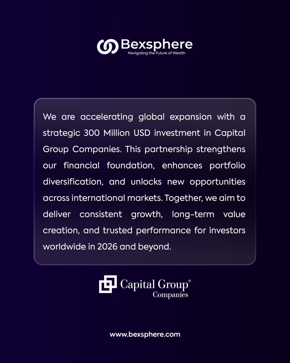 bexsphere's tweet image. Accelerating international growth with a 300 Million USD investment, strengthening financial foundations and unlocking new global opportunities for investors.

#Bexsphere #Expansion #Wealth
