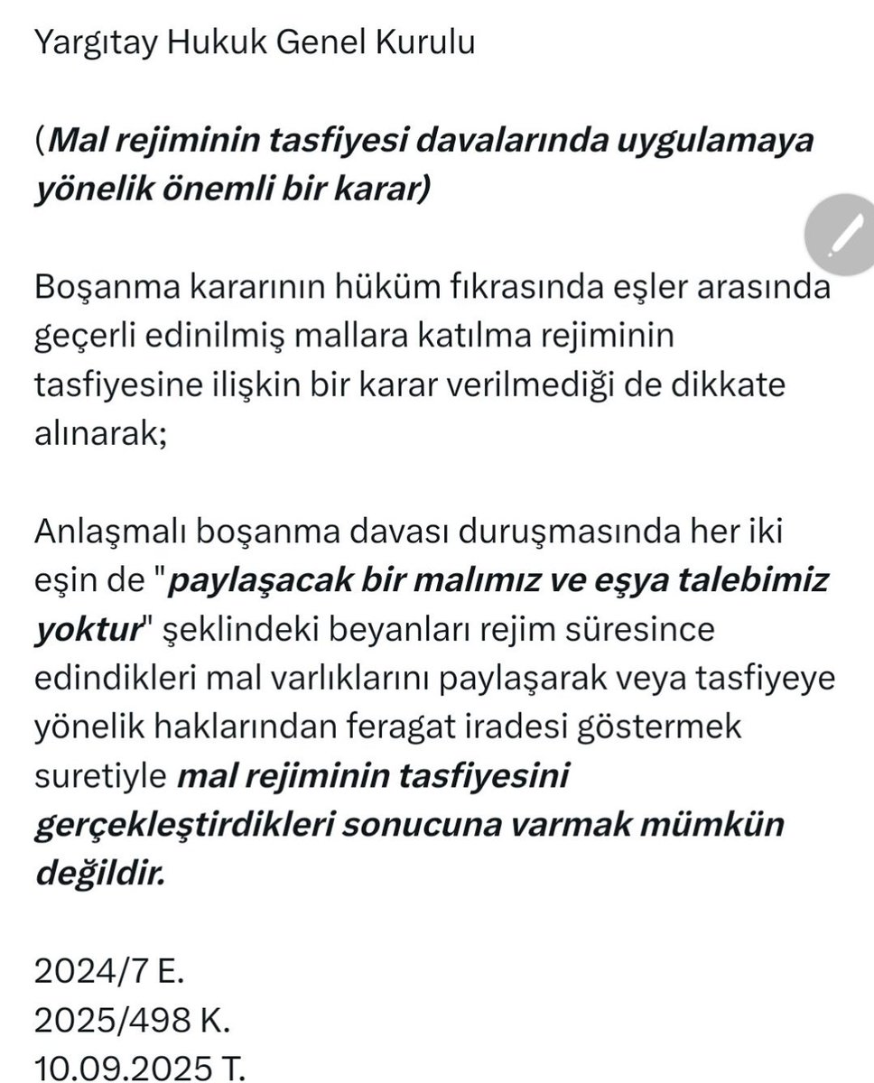 emrahztrk5's tweet photo. Yargıtay Hukuk Genel Kurulu

(Mal rejiminin tasfiyesi davalarında uygulamaya yönelik önemli bir karar) https://t.co/U1Uydu6BWb