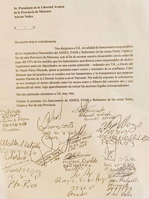 🟥✅⚠️ Mientras estan fundidndo al PAMI, hay múltiples denuncias por ejemplo al presidente de La Libertad Avanza de Misiones, hombre de Karina Milei , quien exige el 10% del salario a trabajadores de PAMI para a Karina Milei. Sí, arman otra caja para Karina con el PAMI.