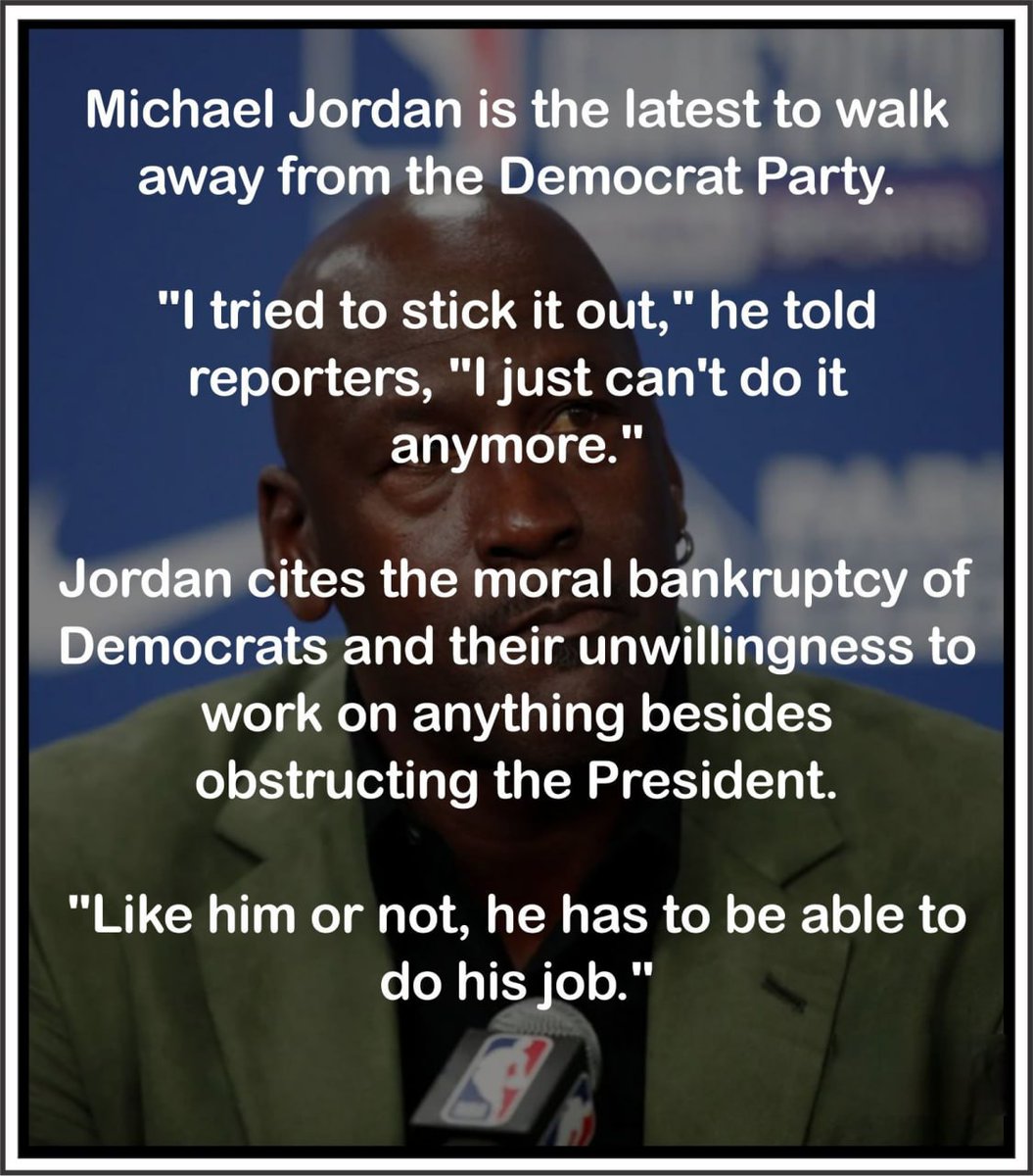 🚨MICHAEL FUCKING JORDAN JUST QUIT THE DEMOCRAT PARTY AND LEFT THEIR WOKE, MORALLY BANKRUPT ASSES IN THE DUST!

The greatest of all time just dropped the mic and walked away for good.“
I tried to stick it out,” MJ told reporters, “but I just can’t do it anymore.”

He’s done with