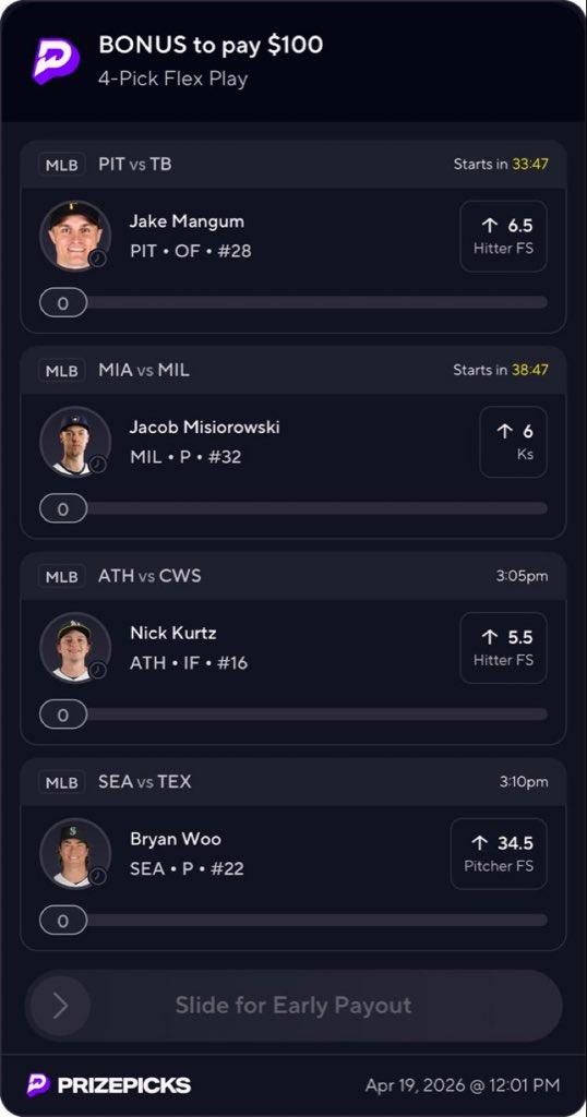 BigMocha01's tweet image. Sunday Scaries PrizePicks MLB⚾️💣

Jake Mangum OVER 6.5 Hitter FS
Jacob Misiorowski OVER 6 Ks
Nick Kurtz OVER 5.5 Hitter FS
Bryan Woo OVER 34.5 Pitcher FS

Writeups soon✍️✍️
Let’s ROLL🎲🎲🎲 BOL

t.me/+b70kaa5TWRAyZ…

#prizepicks #prizepicksmlb #parlay #mlbprops