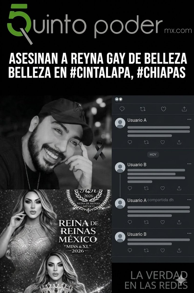 Asesina a Reyna Gay de Belleza en #CINTALAPA, #CHIAPAS

Identifican a persona fallecida tras hechos ocurridos en Cintalapa.
facebook.com/10006383812935…