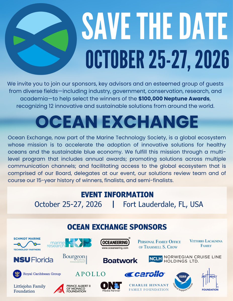 TheOceanExch's tweet image. Do you have our date already? Ocean Exchange Solutions Inspiring Action 2026 is here and we're excited to see what new, innovative, and creative solutions will apply for a chance to pitch on stage in Fort Lauderdale, Florida. #OceanExchange26 #blueeconomy