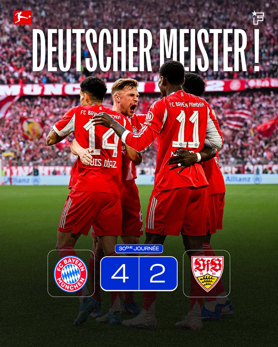 C’EST OFFICIEL : LE FC BAYERN EST CHAMPION D’ALLEMAGNE ! 🏆🇩🇪

Grâce à leur victoire 4-2 face à Stuttgart, les Bavarois décrochent le 35ème titre de leur histoire ! 🥨🔥

Une saison de domination conclue en beauté à l'Allianz Arena !  😍

DEUTSCHER MEISTER 2026 ! 🔴⚪️