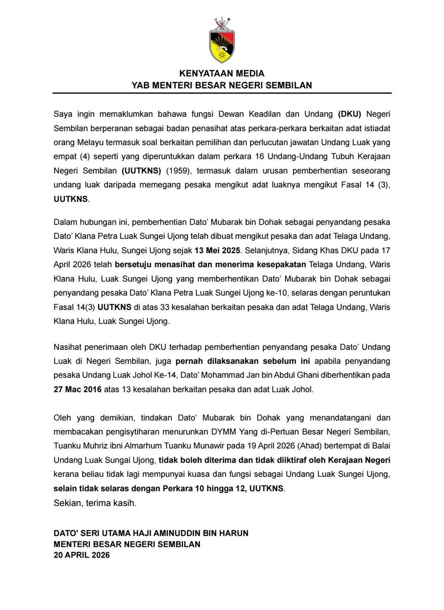 Pengisytiharan menurunkan DYMM Yang di-Pertuan Besar Negeri Sembilan yang dibacakan oleh Dato' Mubarak Bin Dohak, bekas Undang Luak Sg. Ujong adalah tidak boleh diterima, dan tidak diiktiraf oleh K'jaan Negeri Negeri

MB Negeri Sembilan menjelaskan bahawa beliau tidak lagi
