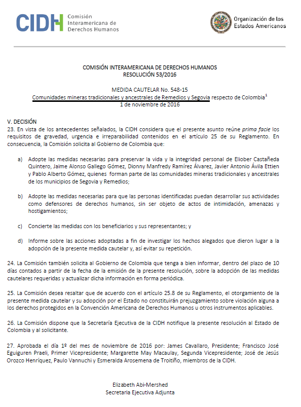 JuanPoe's tweet photo. Ante los crímenes de los paramilitares y sus nexos con GRAN COLOMBIA GOLD SEGOVIA, los mineros pidieron a la CIDH medidas cautelares, las cuales fueron otorgadas el 1/11/2016 por resolución 53/2016. La firma de la Espriella entró a proteger a la compañía minera ¿Lo sabía el país? https://t.co/gKzMJUqRPc
